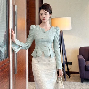 ZYHT 15545 Women's Blouses & Shirts Mint Green Tweed Blazer with Puff Sleeves & Peplum Fit Button-Detail Long Sleeve Jacket