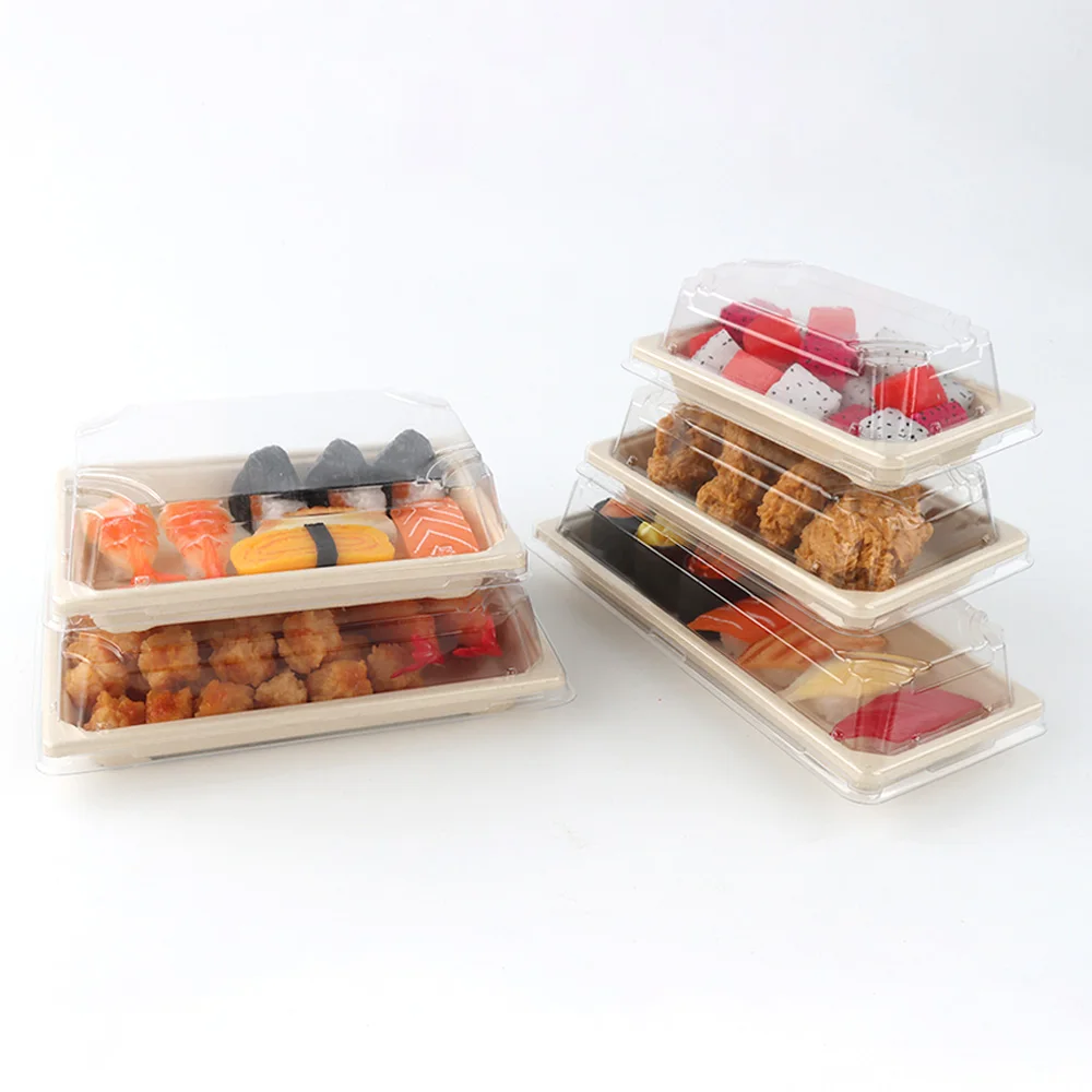 Custom Logo Printed Kraft Paper Sushi Tray Food Container With Lid For Takeout Catering Restaurant Pastry Dessert Packaging