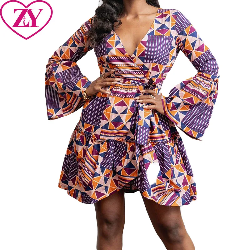 knee length dresses for ladies Autumn African Print Dresses for Women Elegant African Long Sleeve V-neck  Polyester Red Yellow Orange Long Dress African Clothes