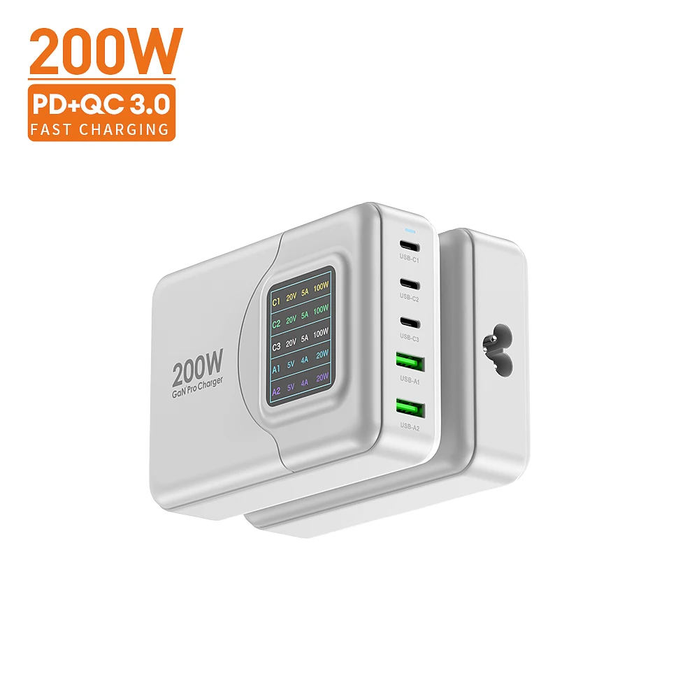 GaN Tech 200W LED Intelligent Digital Display USB Charging Station PD Fast Charger for MacBook Pro/Air for iPhone 13 12 Pro Max