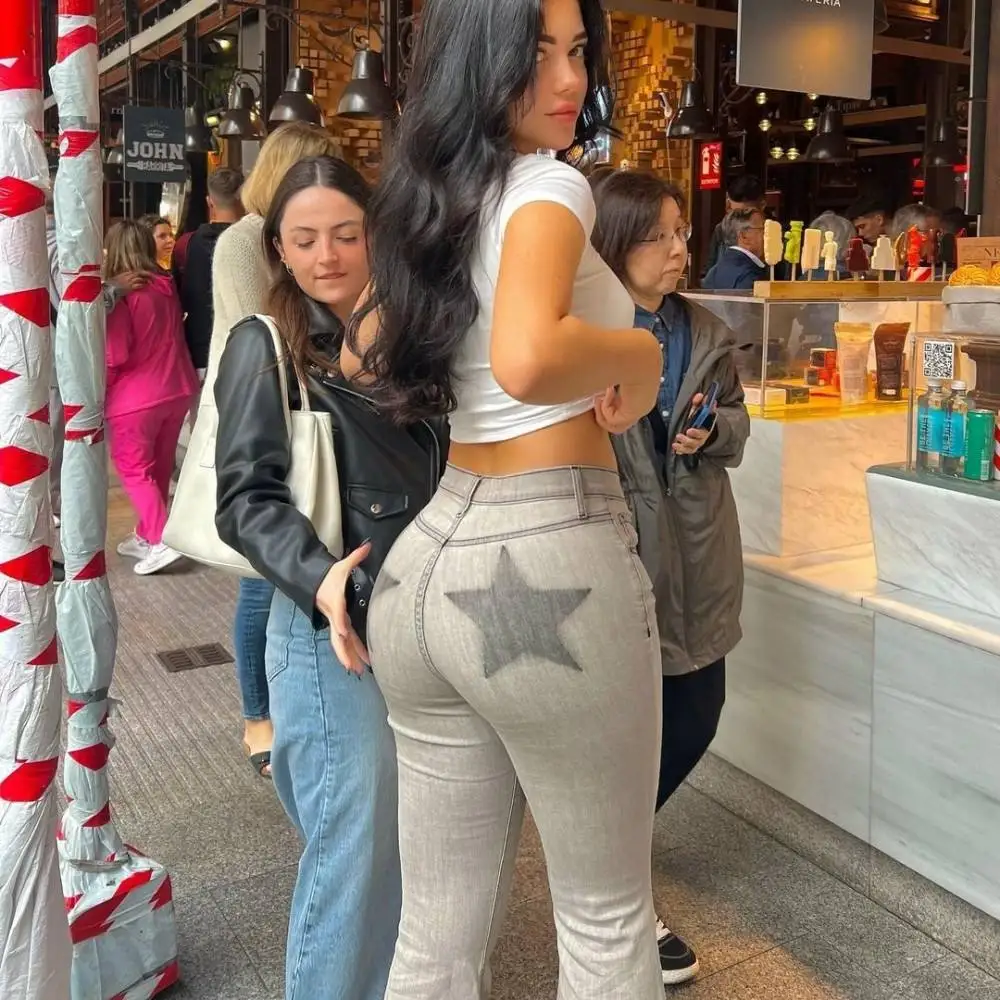 Fashion Vintage Unique Casual Sexy Bodycon Skinny Printed Washed Straight Bell Bottom Flare Trousers Jeans Denim Women's Jeans