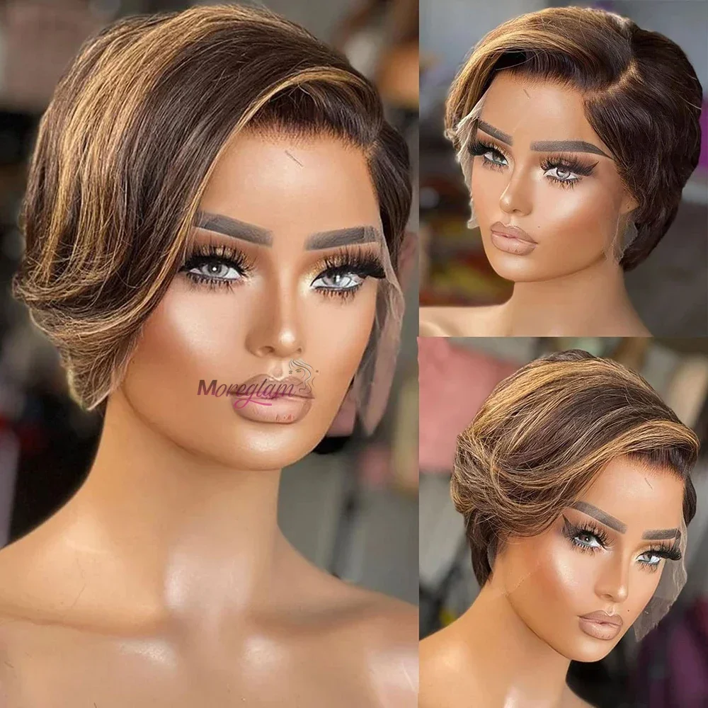Parrucca Bob Corta Parrucca Taglio Pixie Parrucche Capelli Umani Lisci 13x4 Parrucca Frontale In Pizzo Trasparente Per Le Donne Parrucca Taglio Pixie Lisci Con Meches_voghion.com