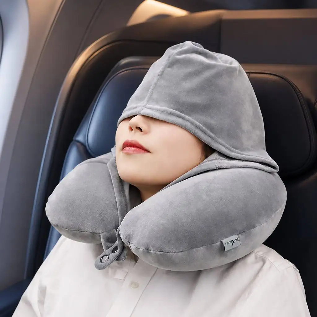 New Design Removable U Neck Support Pillow Inflatable Travel Neck Pillow With Hoodie