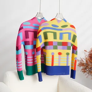 High Quality Wholesale Factory Miyake Pleated Stripe Top Women Casual Style Shirt Stretch Pleats Long-Sleeved T-Shirt