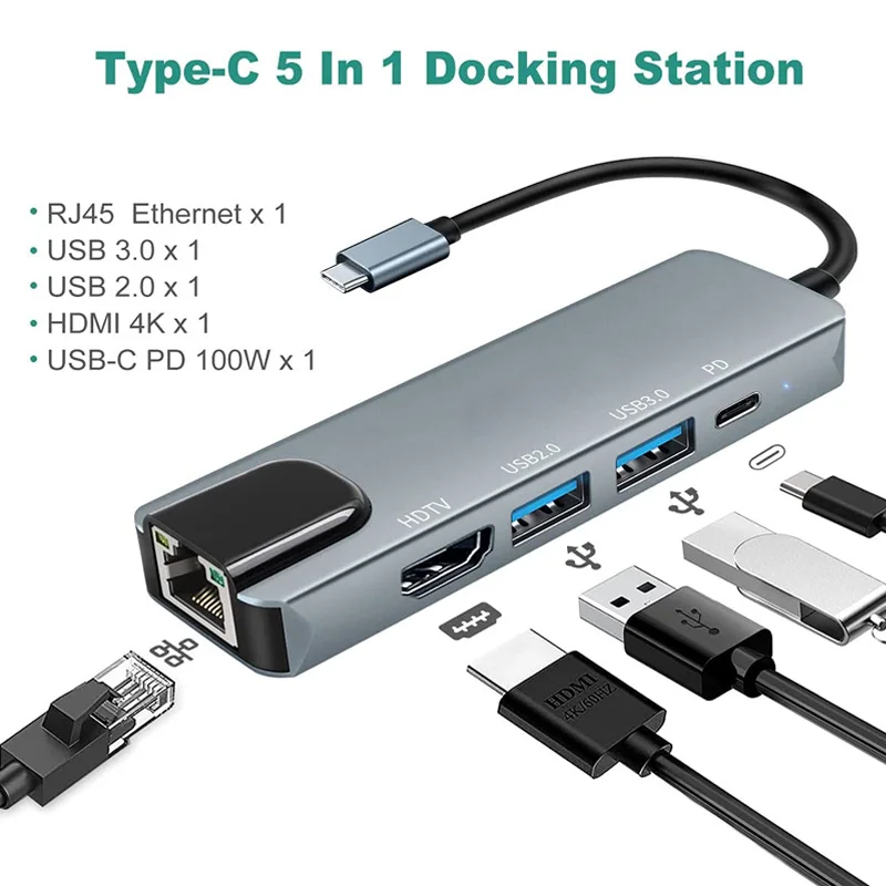 5 in 1 USB C 3.0 Multiport Hub Adapter RJ45 Ethernet HDTV 4K Type C PD charging Docking Station for MacBook HP Dell Laptop