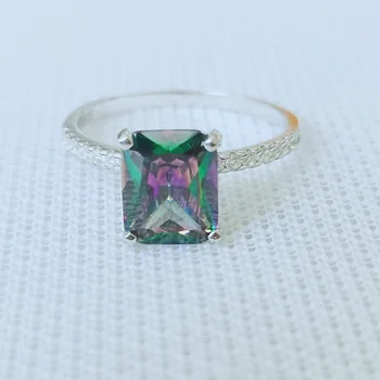 Emerald Cut Rainbow Topaz 925 Sterling Silver Factory Wholesale Fashion Ring