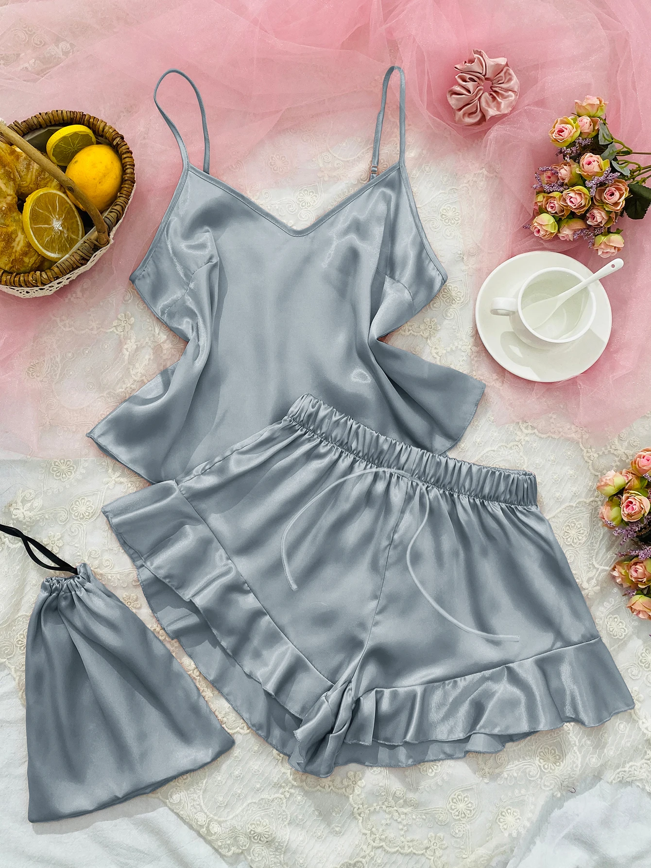 Women's Summer Autumn Spring Sleepwear Night Suit Pajama Set Pieces Top  Selling Ice Silk Open Back Sling for Women