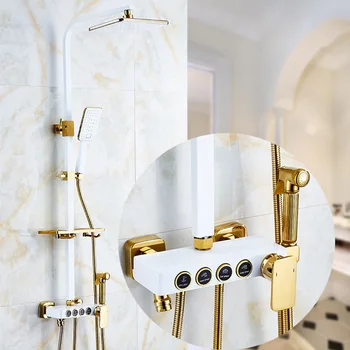 Bathroom Shower System Senducs White Gold Bathtub Mixer Faucet Hot Cold Bathroom Tap Thermostat Shower Set