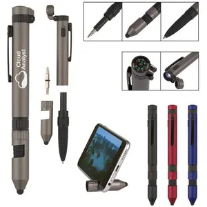 Hot Selling 6 in 1 Multi Function Outdoor Tool Pen with Custom Logo Stationery LED Light Plastic Stylus Ball Pen with Compass