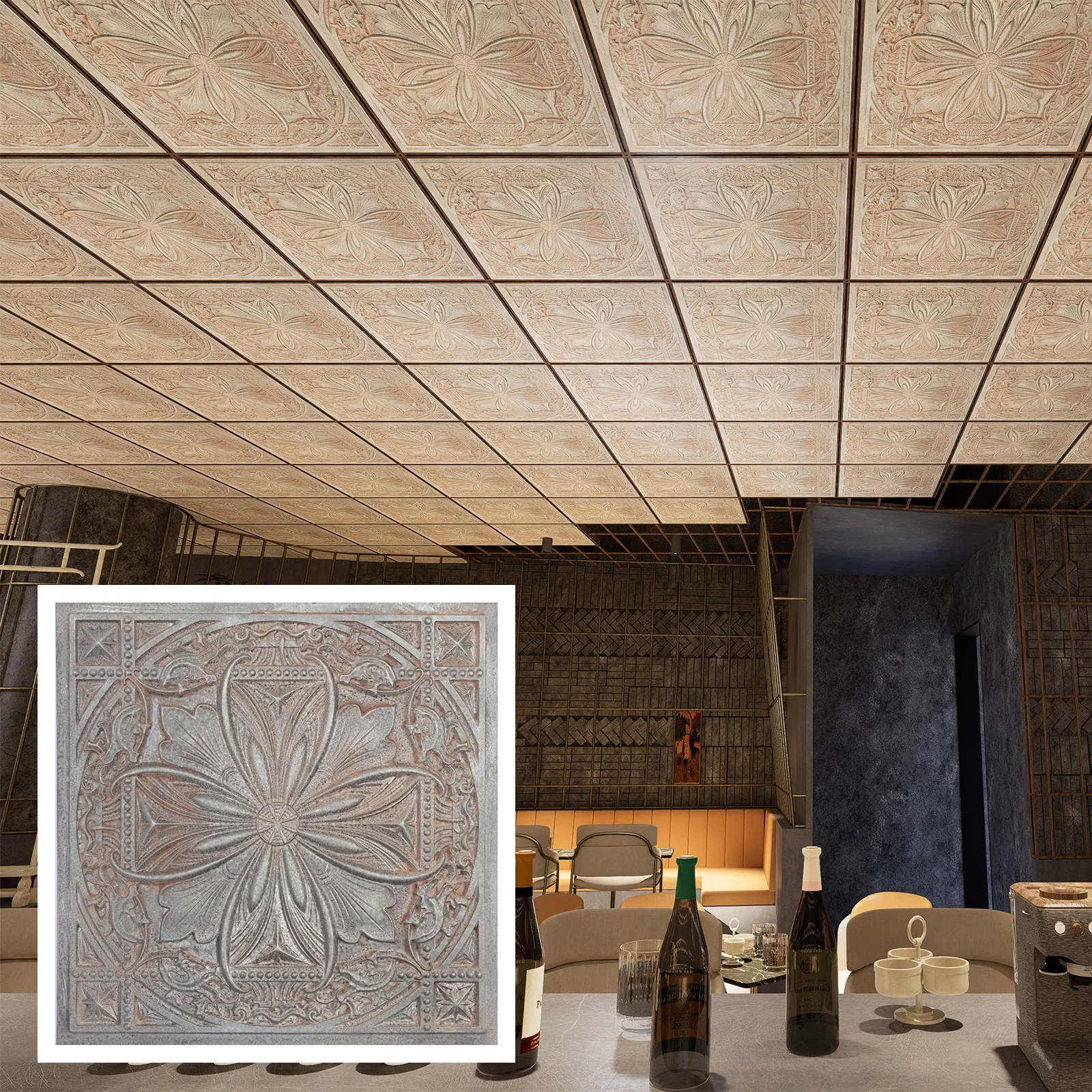 PVC Ceiling Tiles Waterproof Artistic Interior Decorative Panels for Hotel and Cafe Club PL10 Weathered Iron