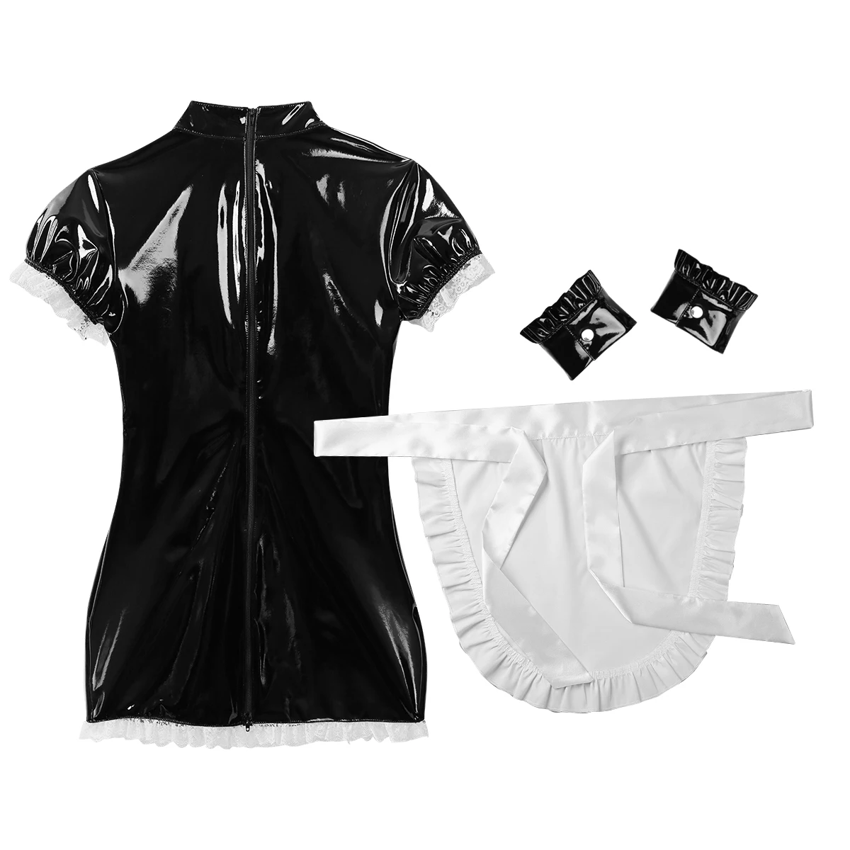 4pcs Womens Short Sleeveless Open Chest Bodycon French Maid Cosplay