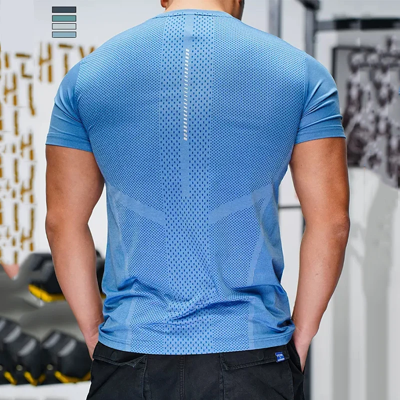 Summer Running Gym Men Nylon Spandex Shirt  Tees Elastic Fit Sports Basketball Training Fitness Quick Dry Ice Silk T Shirts