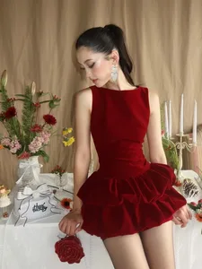 Vietnam Ruffle Red Party Women Dress 2026 Bettergirl New Sleeveless Velvet Mini Dress