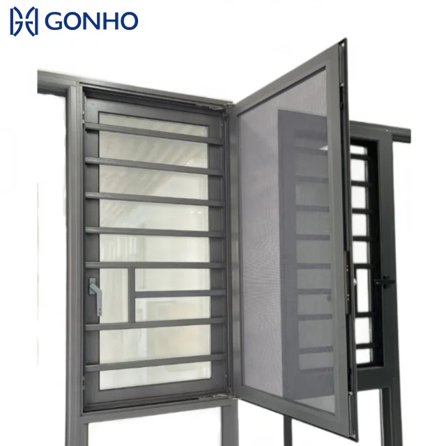 GONHO Custom -Made House Window Opening 180 Degree Aluminum  Black Folding Casement windows With Security Mesh