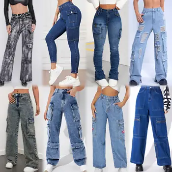 Women Cargo Denim Pants Streetwear Vintage Loose Straight Jeans New Women's Jeans Fashion Retro Multi-pocket Pants 2024