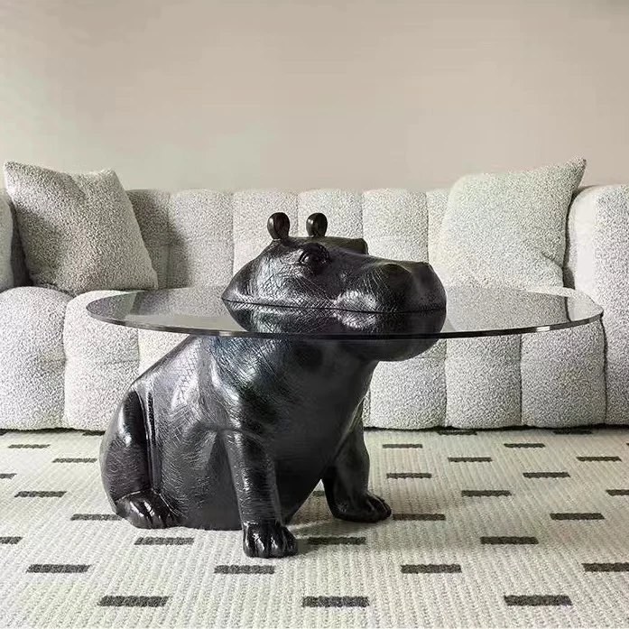 Modern Animal Coffee Table Round Statue Black Hippo Giant Rhino Sculpture Home Apartment Glass Coffee Table for Decor