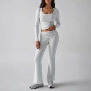Y2K Casual Slim Fitting Women's Sets Long Sleeved Tee Top Slightly Flared Pants Two Pieces Long Set Ladies Suits