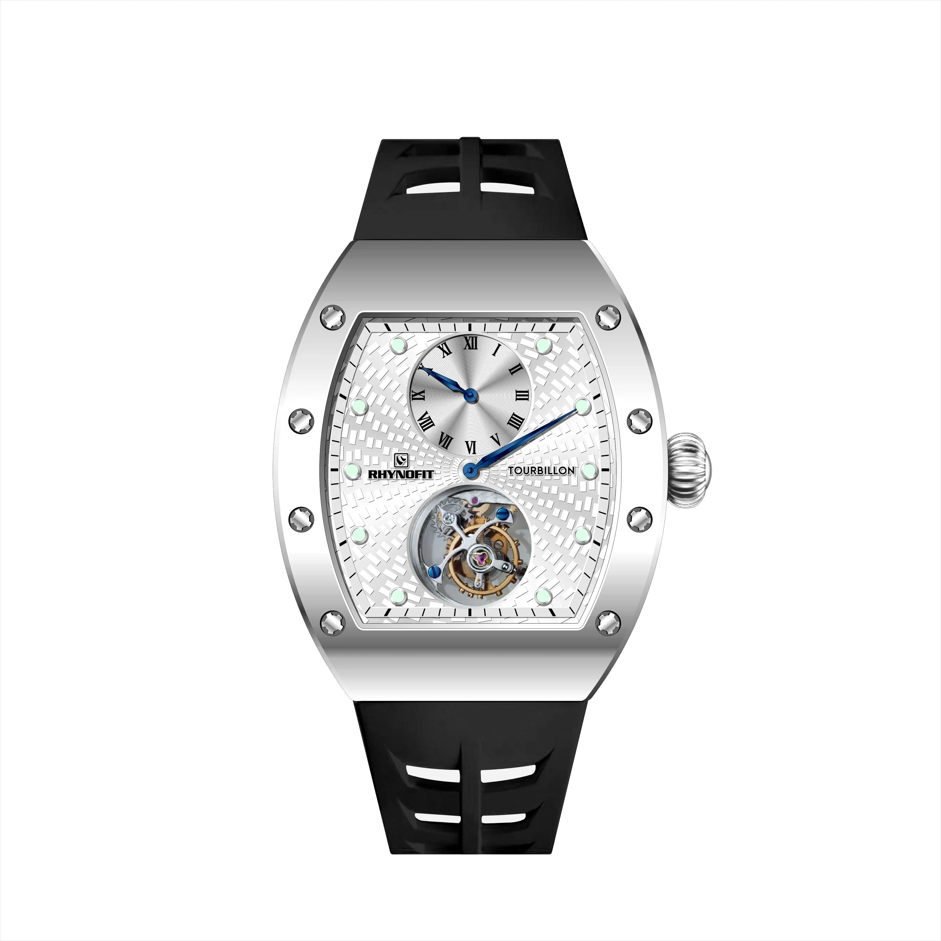 Seagull Tourbillon Skeleton ST8006 Hand Wind Watch Movement Luminous Hour Dot Indicator Silicone Band with Small Dial Watches