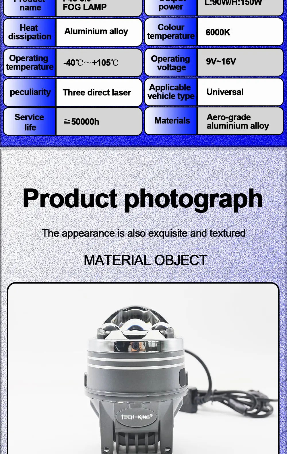 TECH-KING 75W Bi LED laser fog lights Tri-colors high power for car with 3 laser 3 inch Bi ed projector Lens Led Fog Bulbs