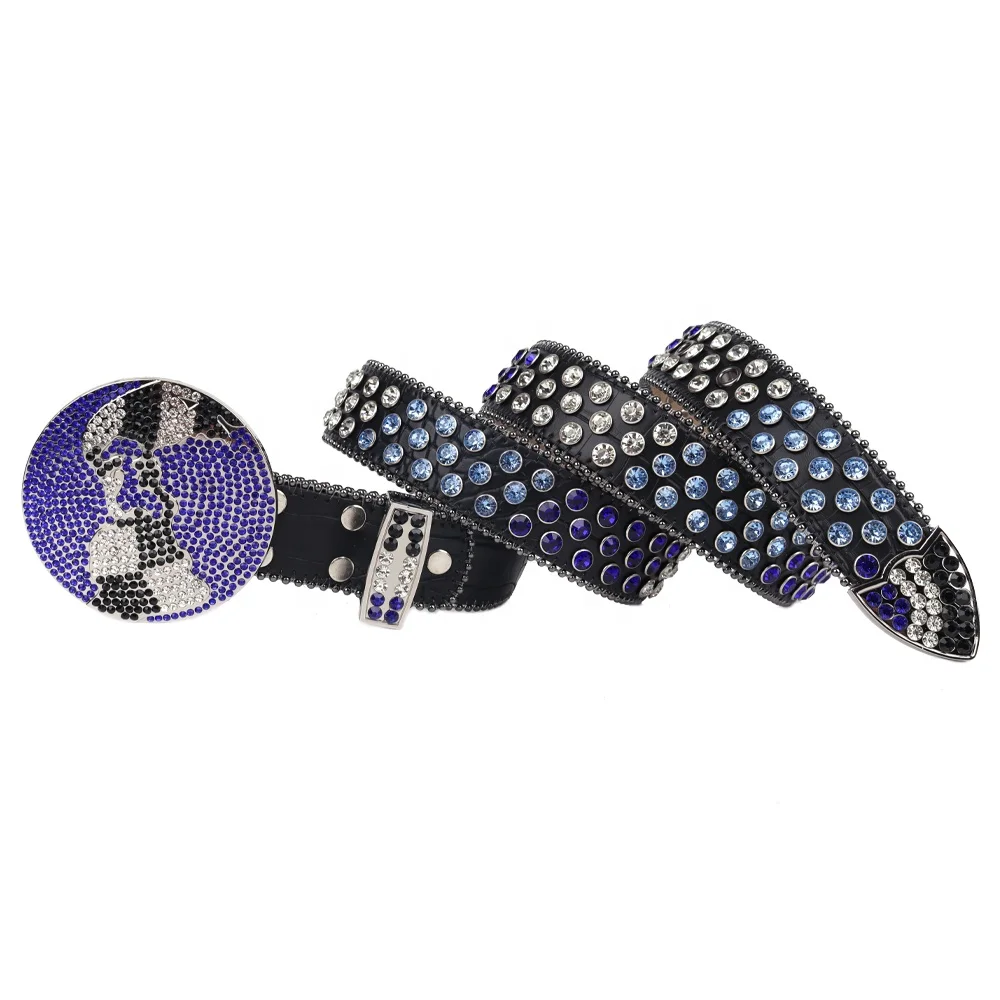 TENGMEI Cool Bling Black and Blue Rhinestone Belt Men Women Big Round Buckle World