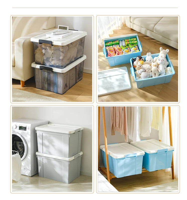 Large Box Clothes Storage Plastic Storage Bins Grey Blue Transparent