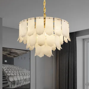 Designer Natural Marble Full Copper Chandelier Luxury Postmodern Creative Personality Simple Villa Dining Room Adjustable Height