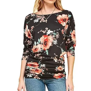 Women's Crew Neck Leg-of-mutton Sleeve Draped Dolman Top/Blouse Side Shirring Premium Knitted Fabric Eco-Friendly Loose Shirt