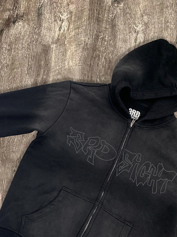 In Stock Black Hoodies Suppliers Cotton Hodiee Sun Faded Screen Printed Zip up Distressed Stone Acid Wash Jacket Hoodies for Men gallery 3