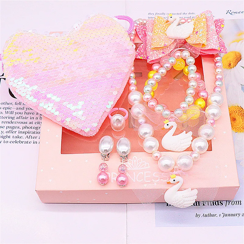 Cute Cartoon Mermaid Princess Necklace Shell Child Necklace Bracelet Set  With Sequined Bag Girl's Gifts Children Jewelry