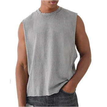 Acid Wash Sleeveless T Shirt Wholesale Cotton Acid Wash Distressed Tank Top For Men