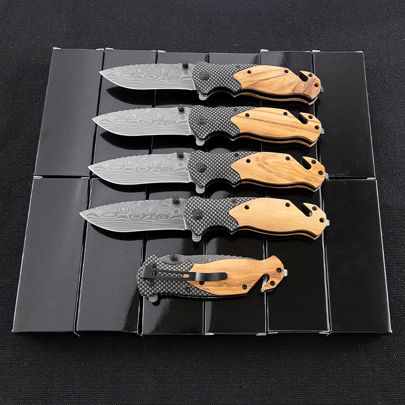 X50 Custom Damascus Laser Pattern Steel Knife Blade with Olive Wood Handle Outdoor Camping Survival Hunting Camping Pocket Knife