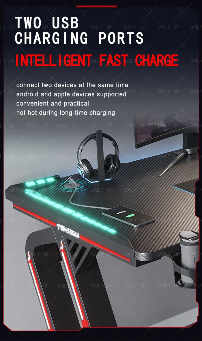 RGB PC Gaming Table With Carbon Fiber Texture Cable Box Steel Frame Professional Gamer Computer Desk For E-Sports Entertainment