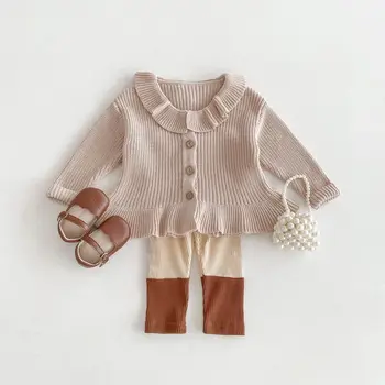 New Autumn Korean Style Pure Color Baby Sweaters Girls Princess Knitted Sweater Small Medium-Sized Children Cardigan Top