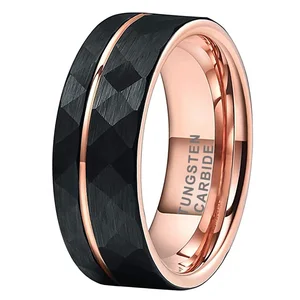 Coolstyle Jewelry 8mm Black Rose Gold Hammered Tungsten Ring for Men Women Engagement Wedding Band Flat Offset Line Comfort Fit