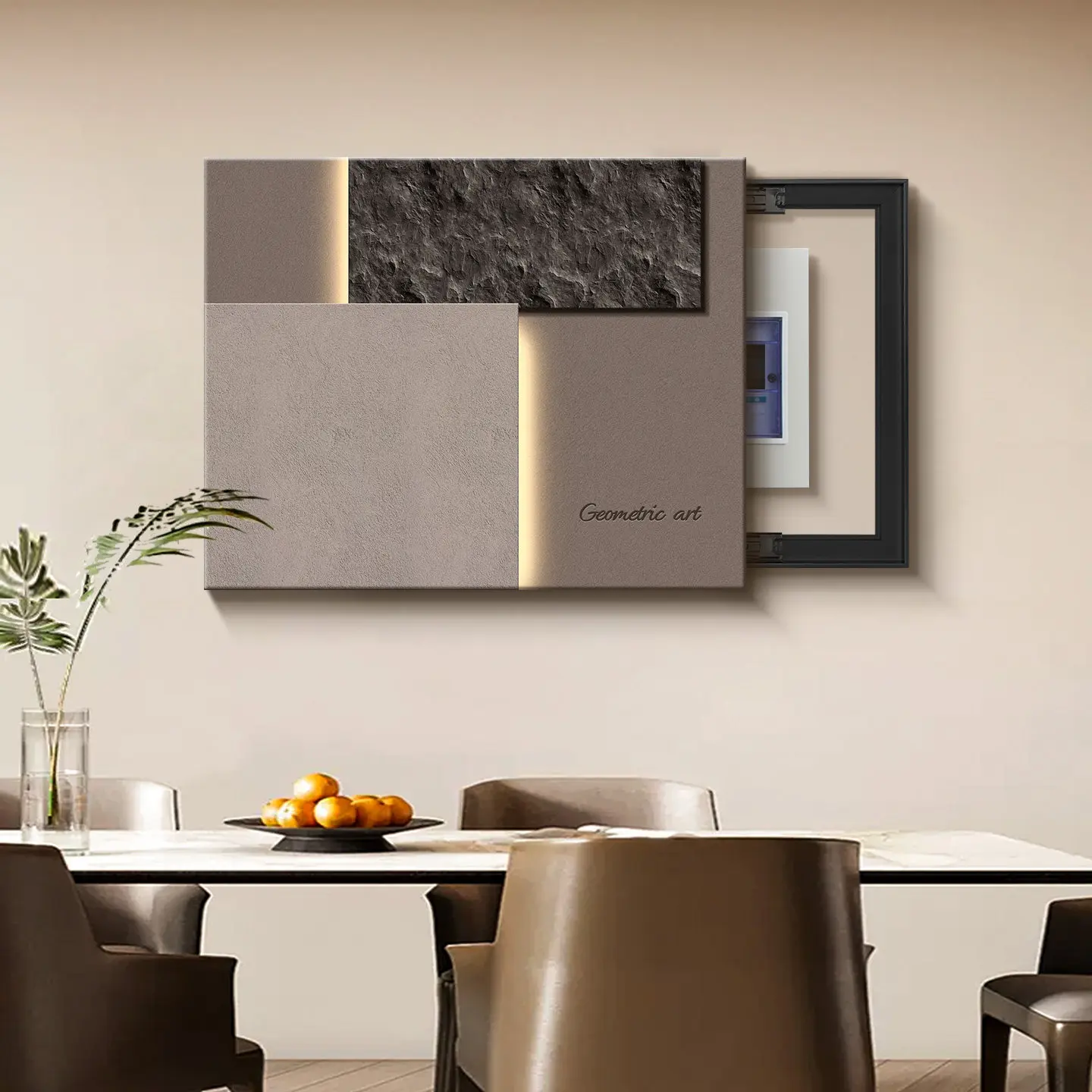 Neutral Geometric Electrical Box Cover Wall Art Canvas Print Textured Panels With LED Lights Minimalist Modern Home Living Room