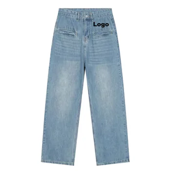 Custom 100% Cotton Men Fashion Denim Jeans Washed Straight Wide Leg Plus Size Men Baggy Custom Jeans Pants for Men