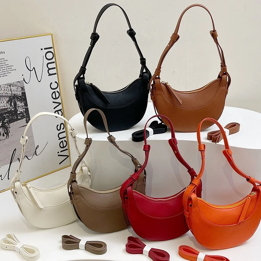High Quality French Polynesian Style Semi-Circle Saddle Bag Crossbody Shoulder Zip Closure Fashionable Polyester PU Material