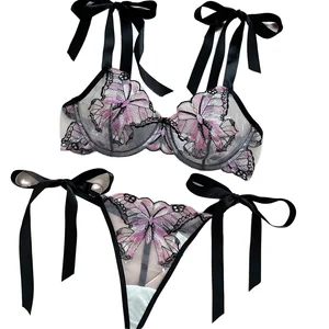 Sexy Mesh Butterfly Embroidery Hollow Out Lace Firm Control Ultra-thin Women's Desire Style Perspective Four-piece Lingerie Set
