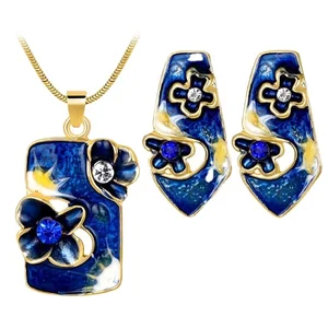 Custom Fashion Crystal Earings Blue Enamel Necklace and Earring Sets for Women Jewelry