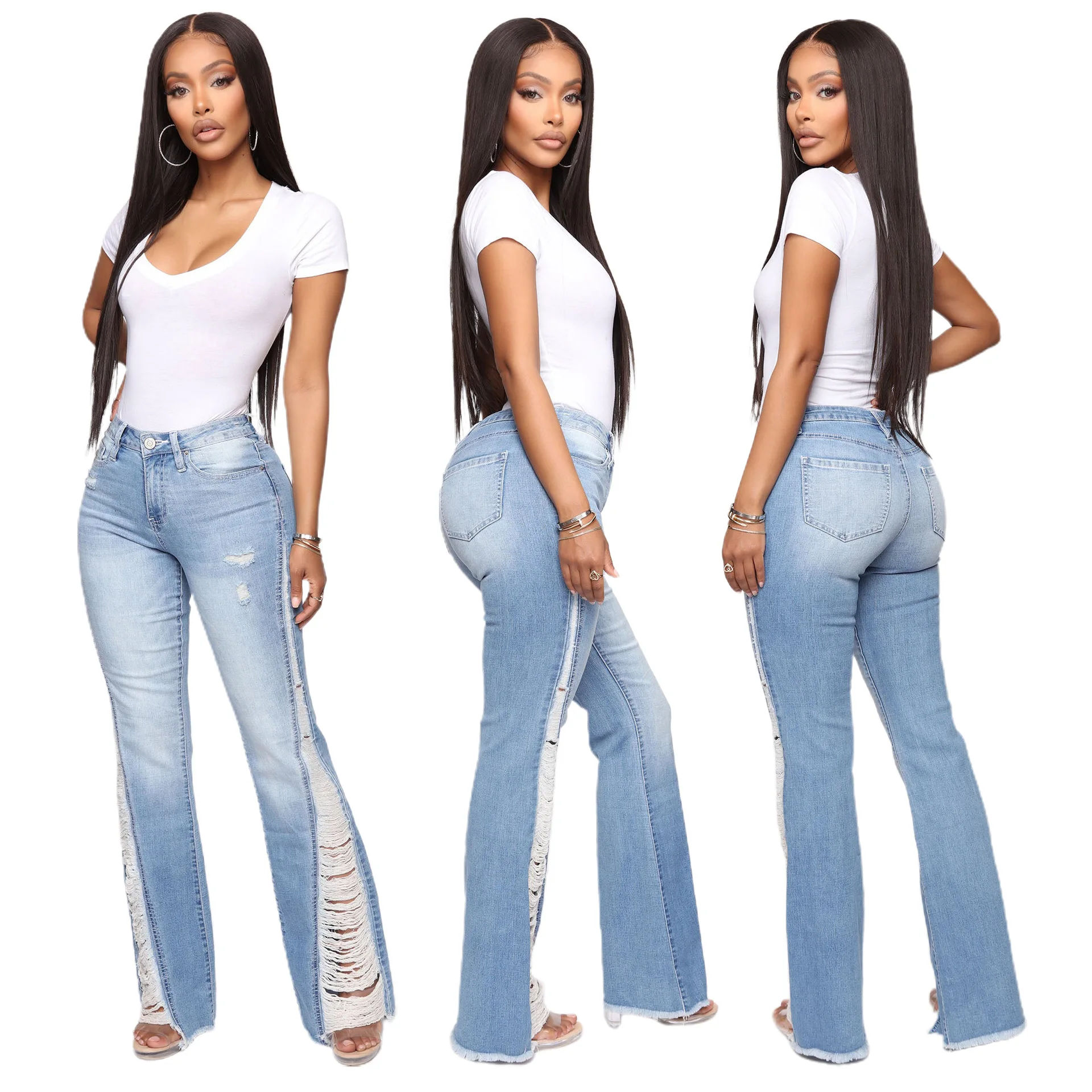 SSY Hot Sale Casual Women Breech-based Light Blue Plus-sized Ripped Denim Trousers Jeans Lady Pants