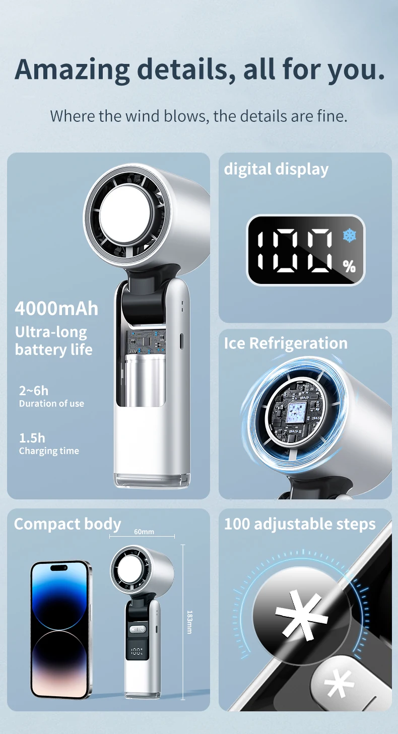 Cooling High Speed Portable Hand Fan Handheld Fan 4000 MAh Battery Fan Customizable Logo