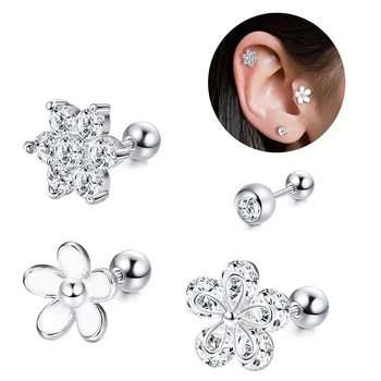 Set 10 Steel Ear Tragus Cartilage Piercing Earrings Crystal Flower Conch Lobe Barbell Studs Sexy Helix Piercing Stainless Steel