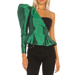 One Shoulder Long Puff Sleeve Satin Sexy  Wrap Women Top Blouse