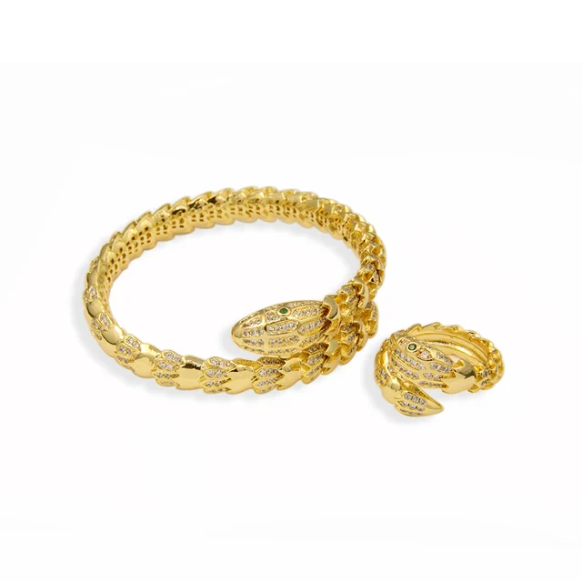 TQB0915 Micro insert zirconia cuff bracelet women Snake jewelry bracelet gold plated cuff and ring jewelry set