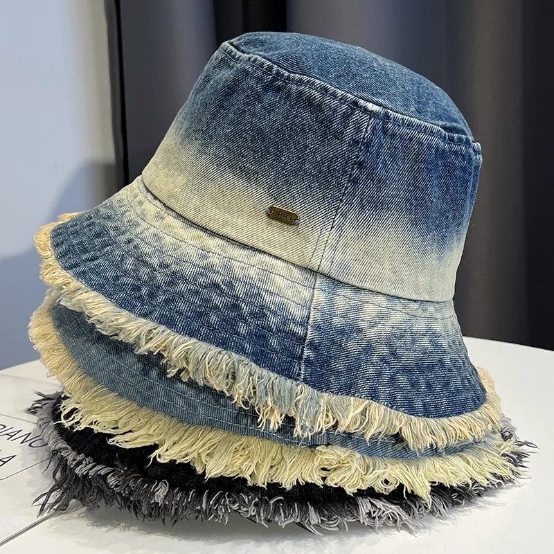 2024 New Fashion Luxury Designer Vintage Washed Bucket Hat Men Custom Metal  logo Gradient Color Jean Bucket Hat With Raw Edge