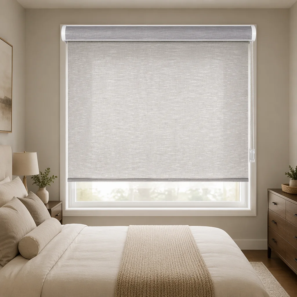 Roller Shades Chain System Semi-Sheer Gray Fabric Arc Headrail End Caps White Bead Chain Bedroom Custom Size OEM Wholesale