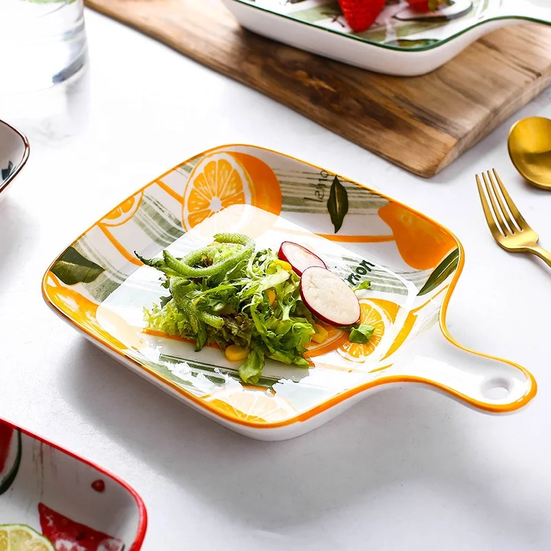 Nordic Style Fruit Pattern Ceramic Tableware Handle Cheese Baked Rice Plate Oven Available Western Food Dish
