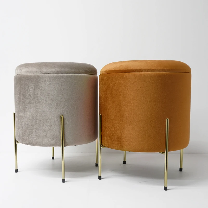 Customized Round Gold Metal Legs Ottoman Stool Modern Style Footstool Round Pouf