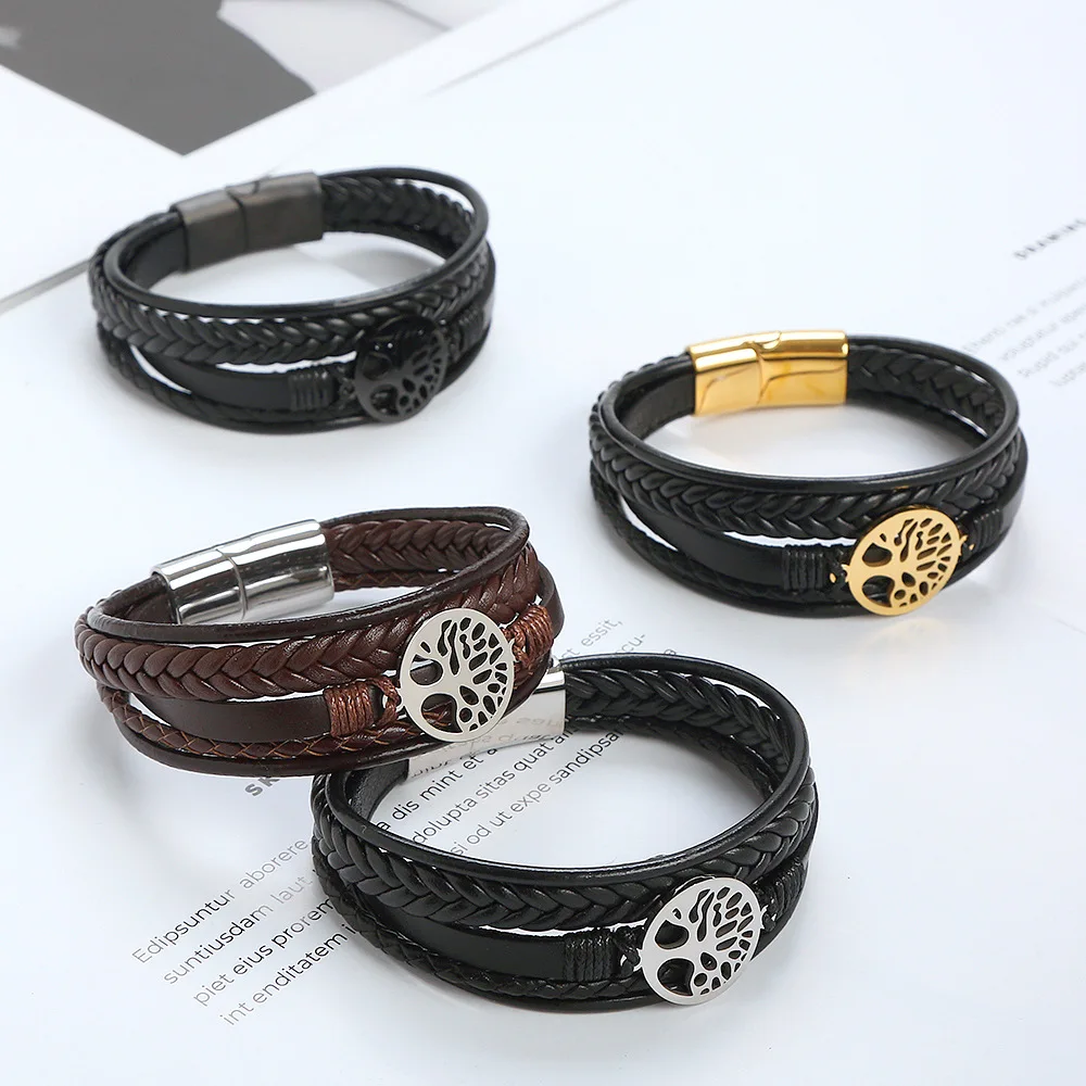 Tree of Life Stainless Steel Sign Bracelet Bangle Leather Briaided Magnet Clasps Friendship for Men Women Bracelet