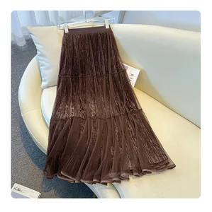 New Velvet Pleated Empire Waist Anti-Wrinkle Women's Autumn Slimming Sweet Design Flannel Midi A-line Skirt